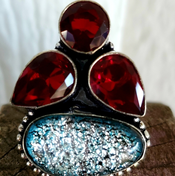 New Garnet & Dichroic Glass 925 Silver Ring. - Picture 2 of 7